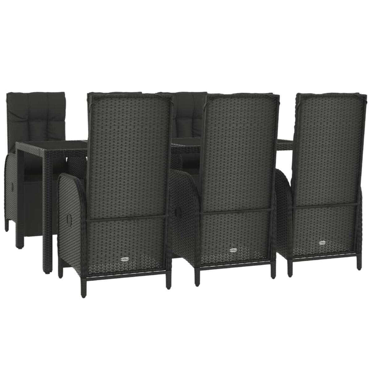 Schwarzes Rattan-Ess-Set für draußen mit Tisch und Stühlen, vor weißem Hintergrund.