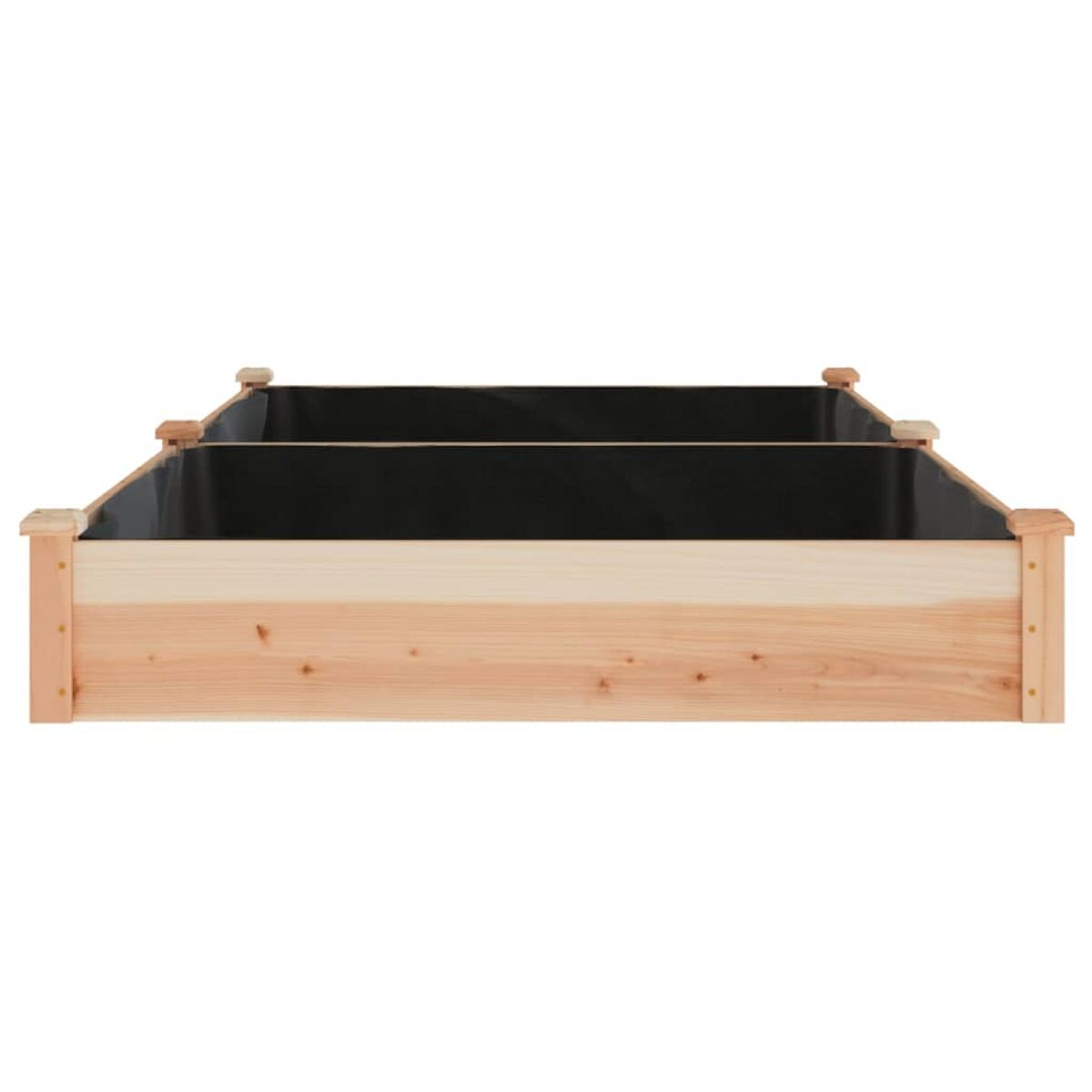 Pflanzkasten aus Holz mit schwarzem Einsatz. Die Oberkante hat dekorative Holzstücke.