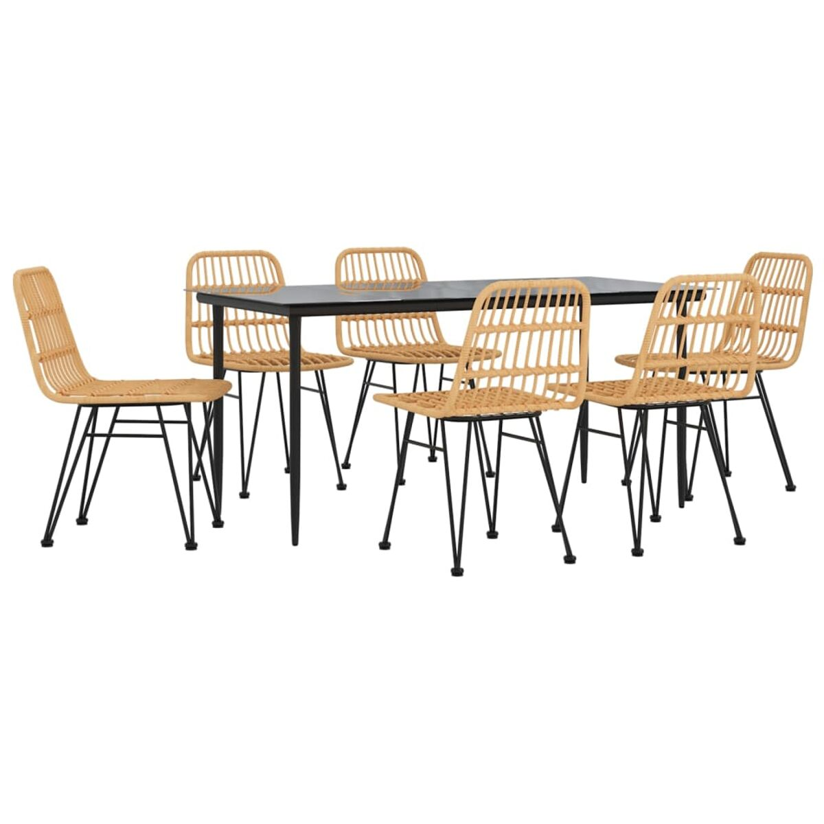 Essgruppe im Freien mit sechs Rattan-Stühlen um einen schwarzen Tisch.