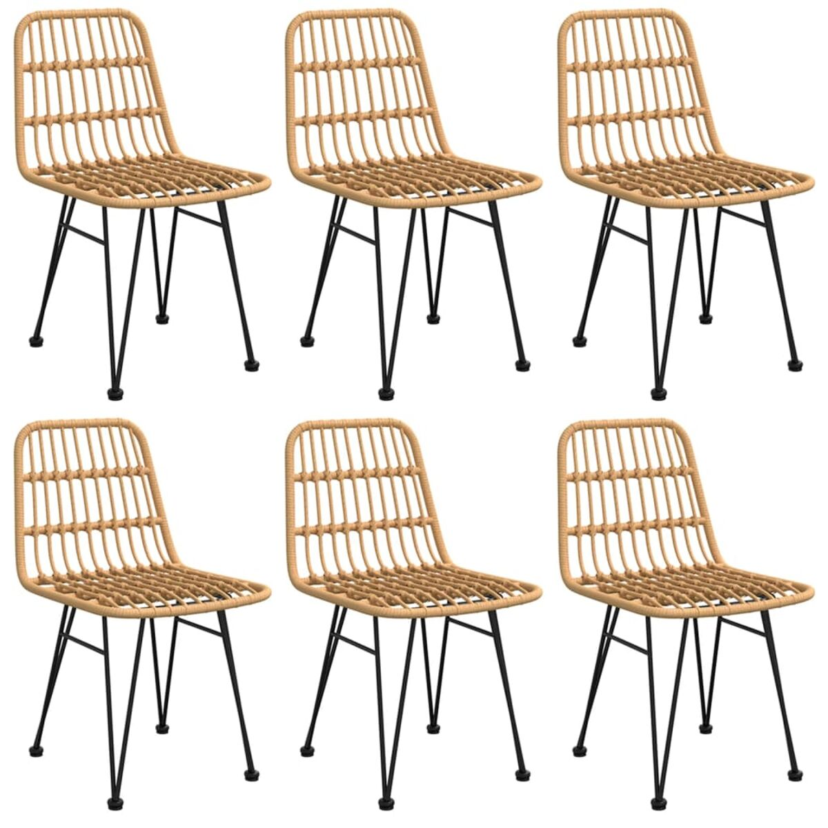 Sechs Rattanstühle mit schwarzen Beinen. Die Stühle sind in zwei Dreierreihen angeordnet.