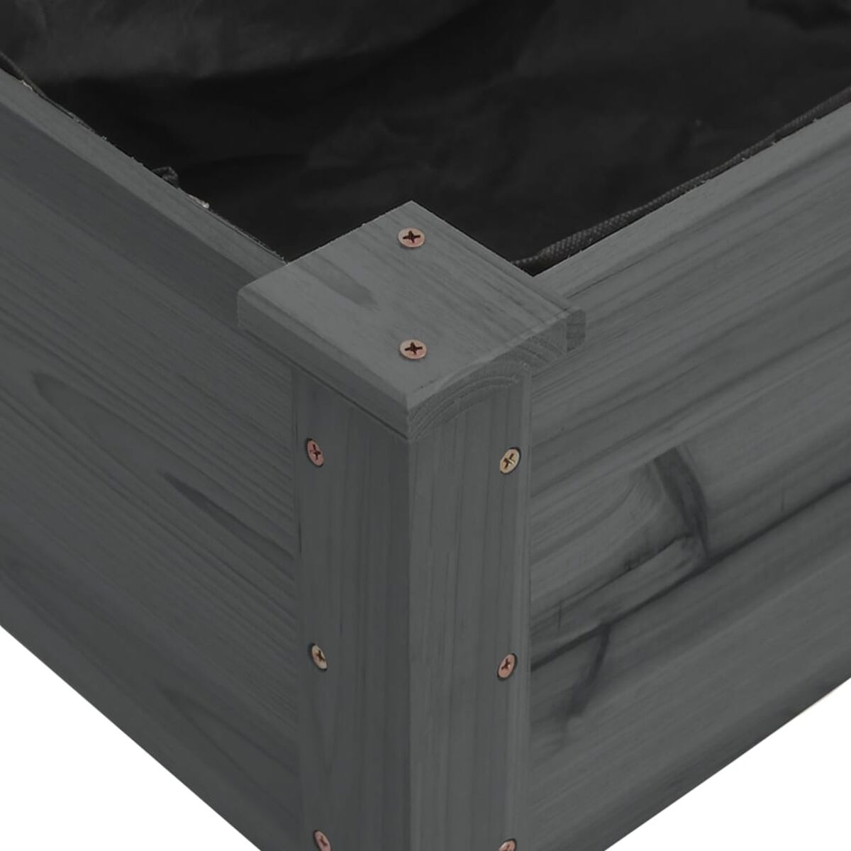 Graue Holzpflanzkasten mit schwarzem Futter. Schrauben sichtbar. Eckdetail ist prominent. Draufsicht.