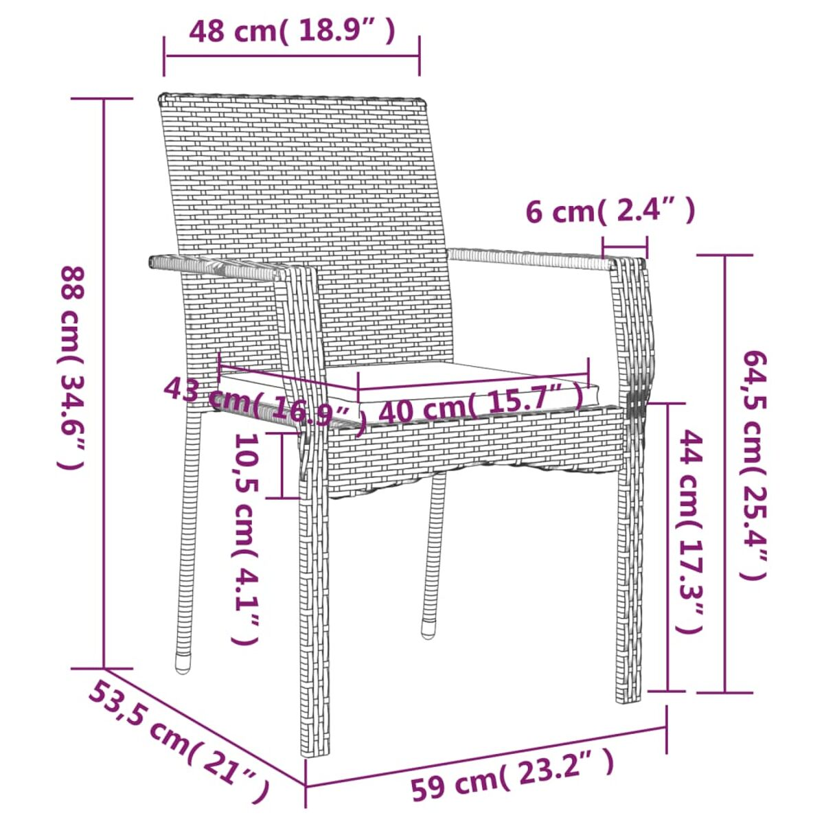 Diagramm zeigt Abmessungen eines Outdoor-Stuhls mit Armlehnen.