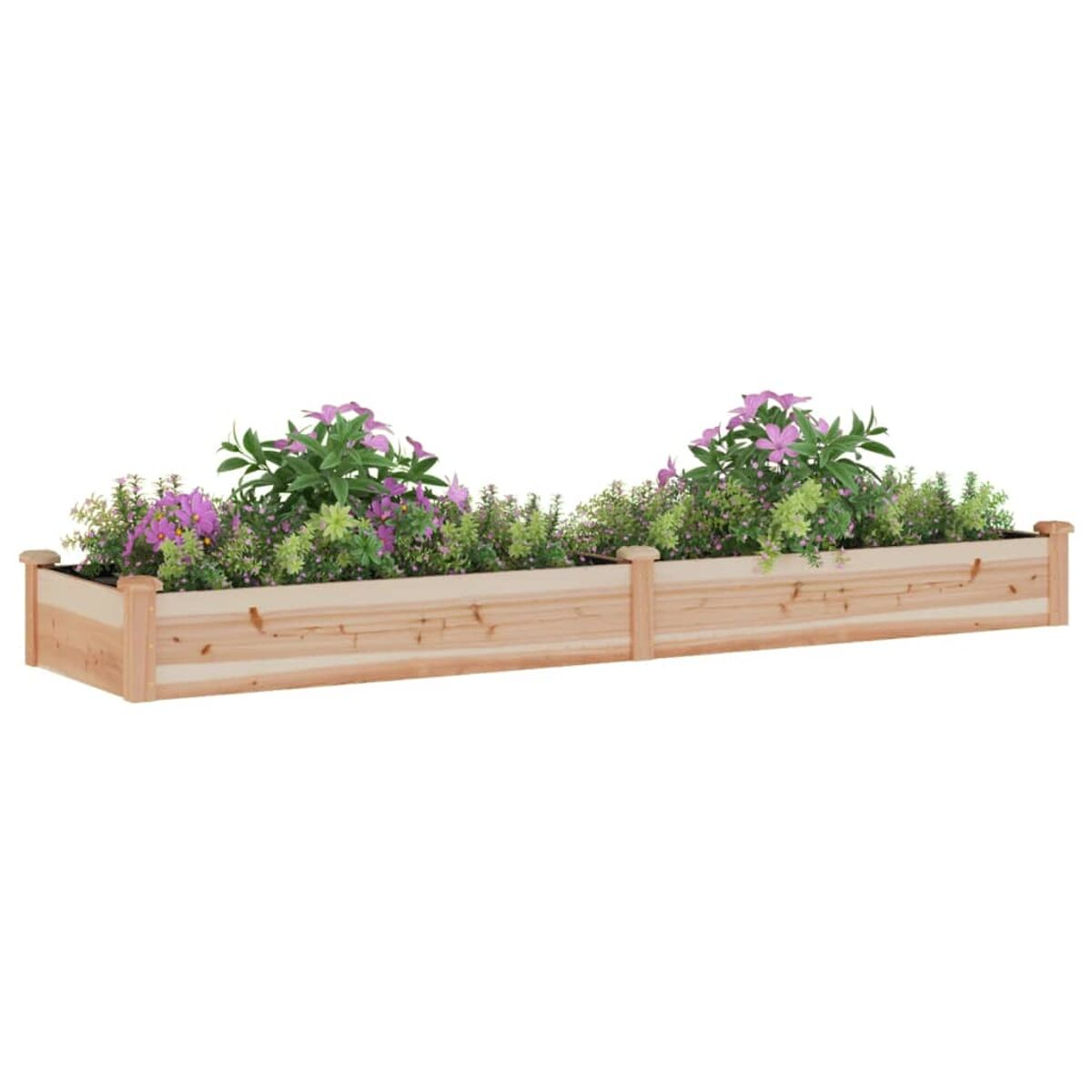 Lange Holzpflanzer mit lila Blumen und Grün.