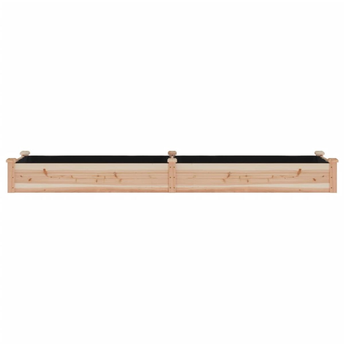 Zwei hellbraune Holzpflanzkästen mit schwarzem Stoff innen.