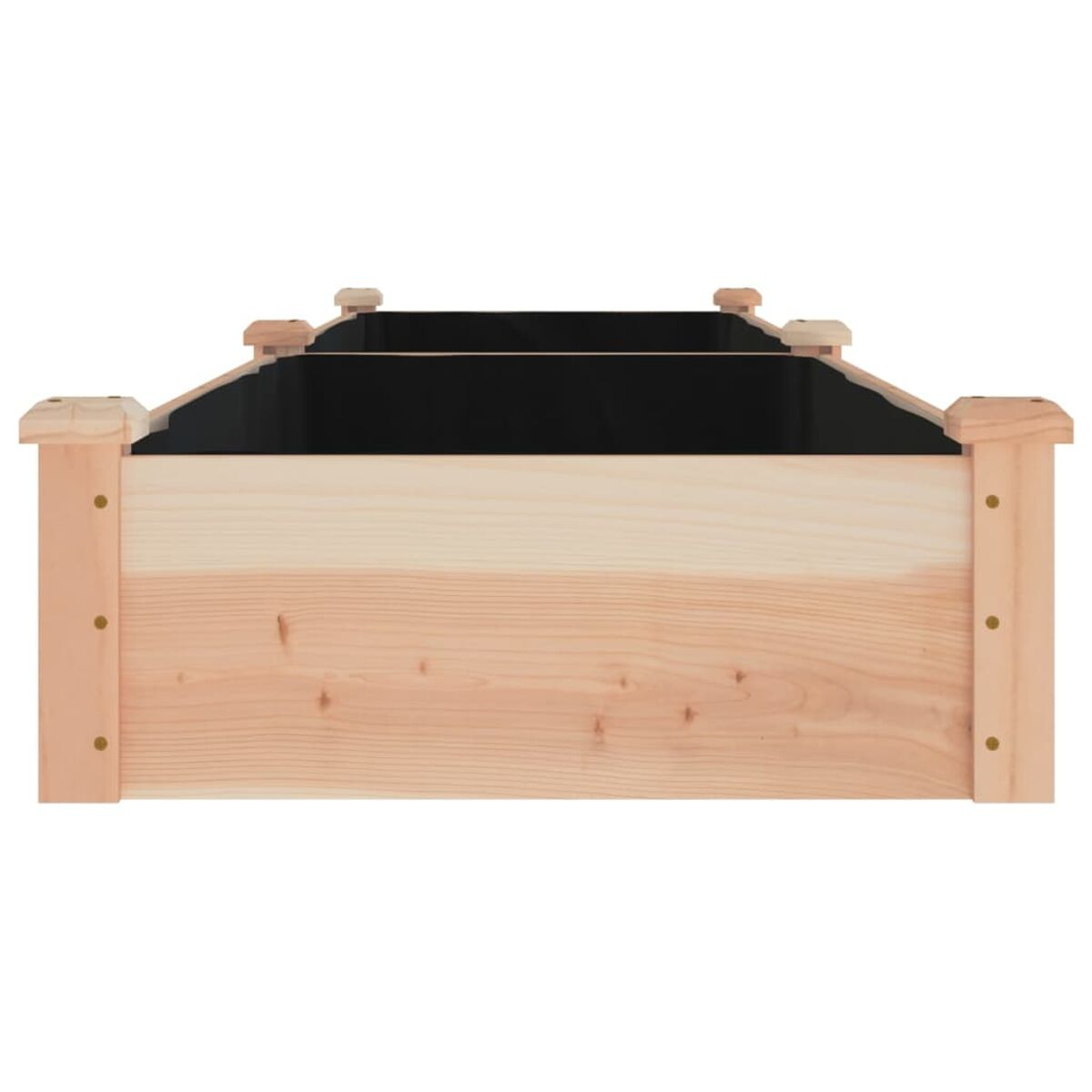 Pflanzkasten aus Holz. Helles Holz mit dunklem Innenraum. Rechteckige Form mit dekorativer Oberseite.
