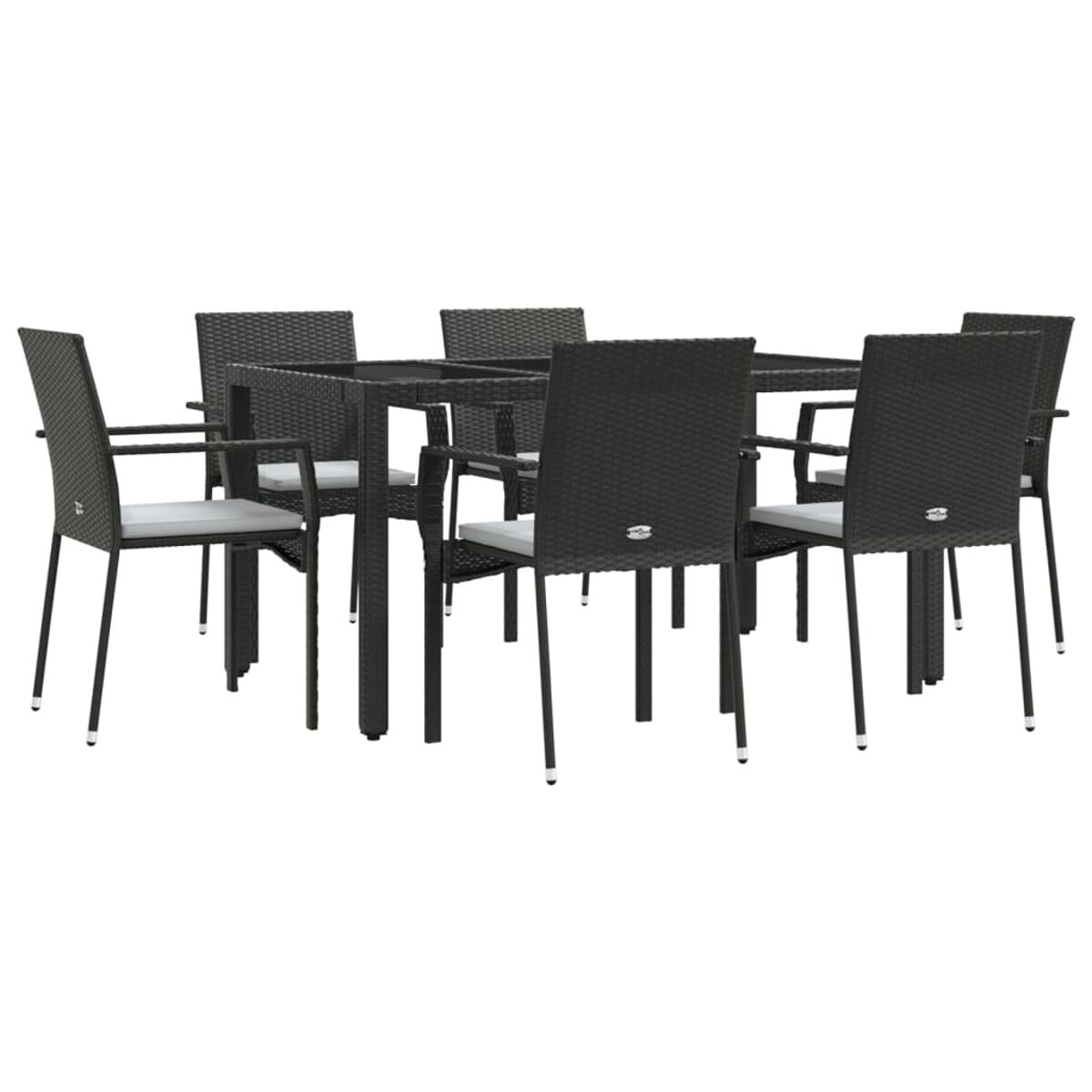 Schwarzes Korbtisch- und Stuhl-Set. Dunkle Stühle mit grauen Kissen.