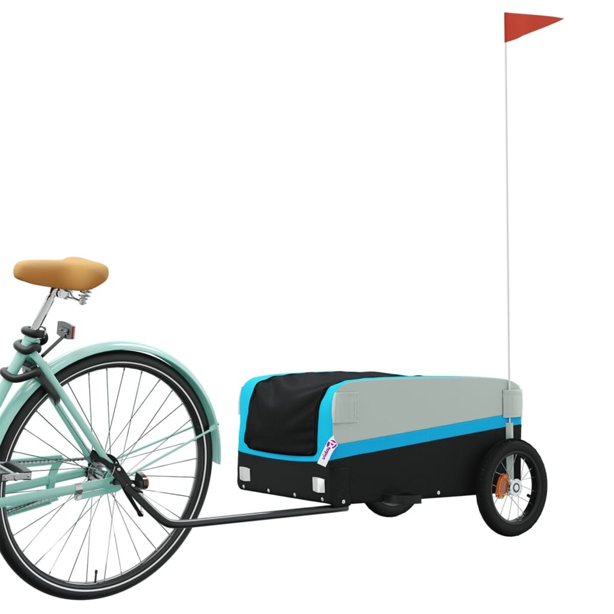 Ein Fahrrad zieht einen Anhänger mit Fahne. Der Anhänger ist blau, grau und schwarz.