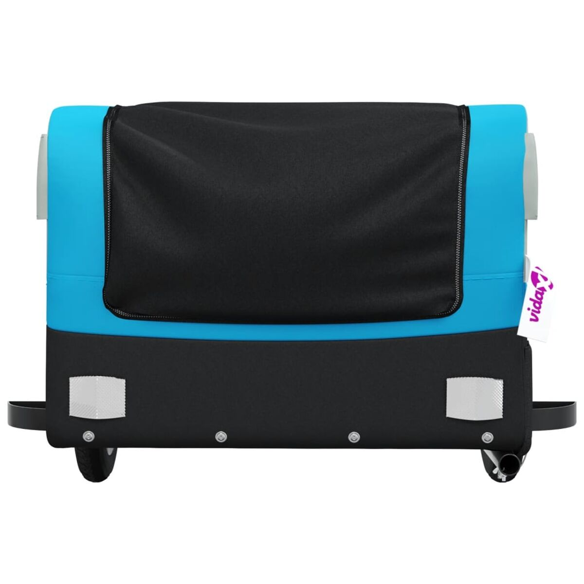Ein blau-schwarzer Rollkoffer mit einer schwarzen Netztasche und einem weißen Anhänger.