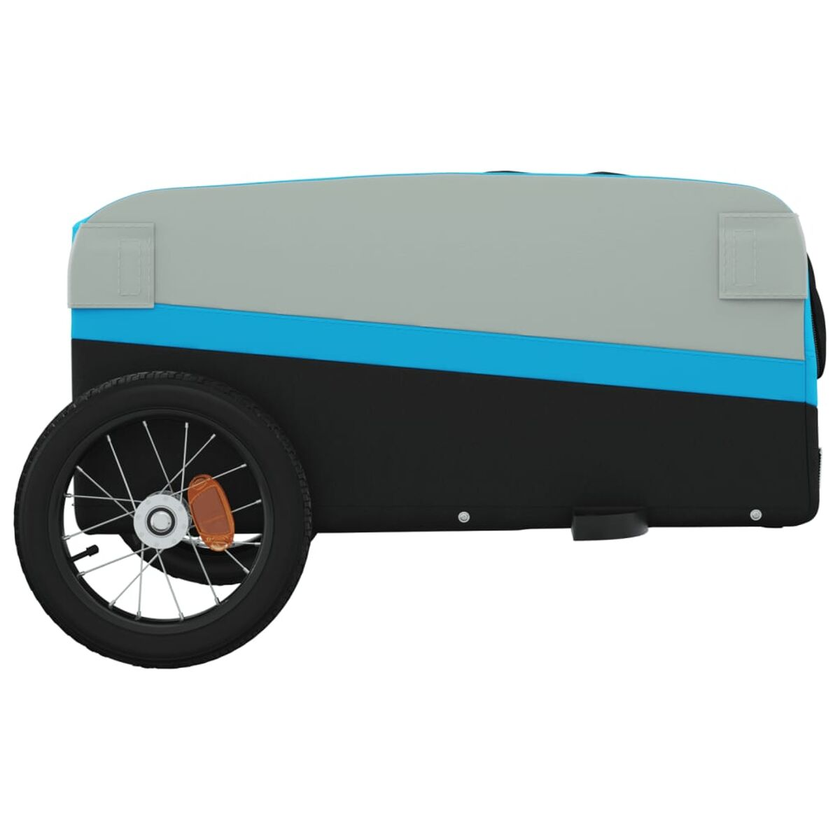 Seitenansicht eines grau-blauen Fahrradanhängers mit einem Rad. Mit schwarzem Reifen und orangefarbenem Reflektor.