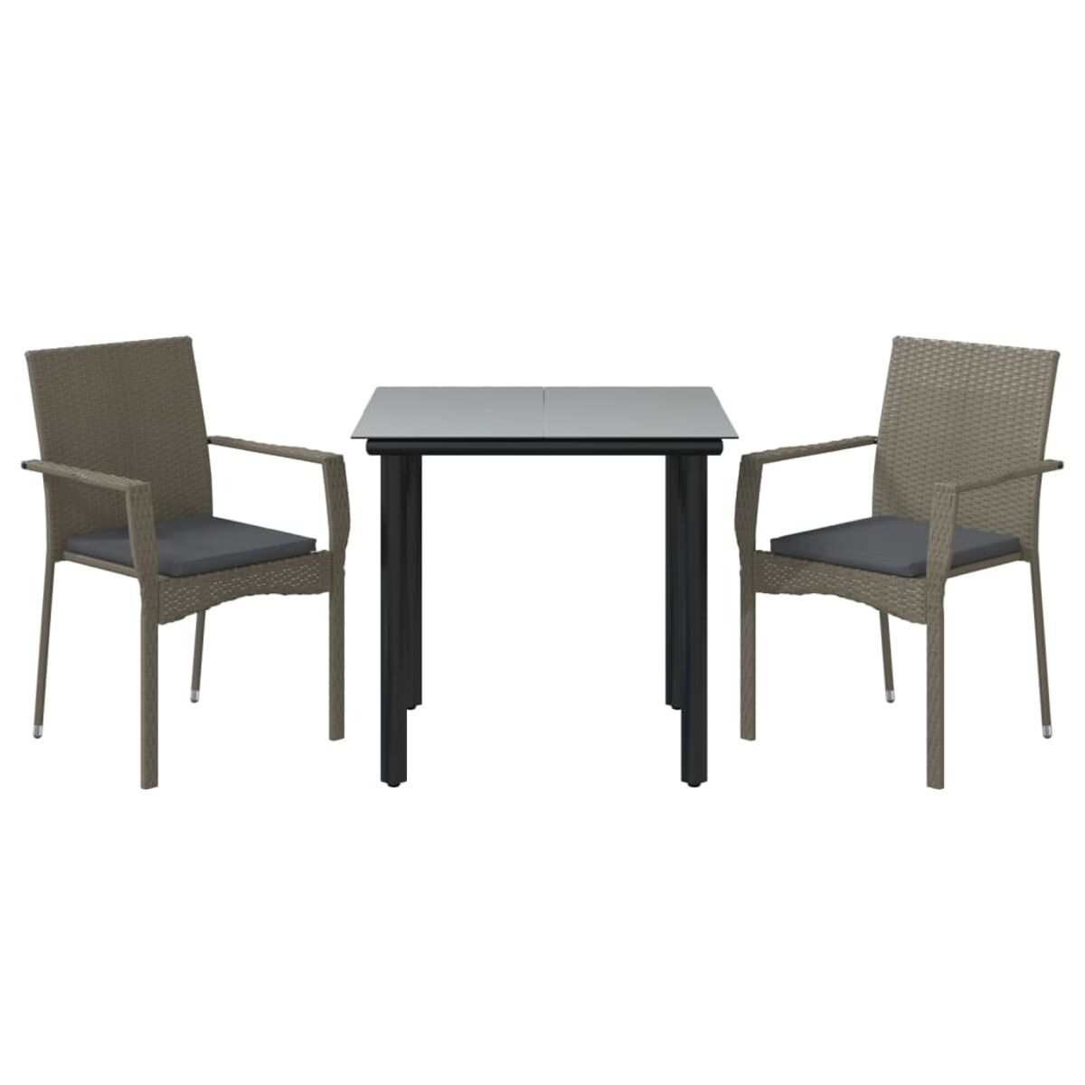 Tisch und Stühle Set. Dunkle Stühle mit grauen Kissen.