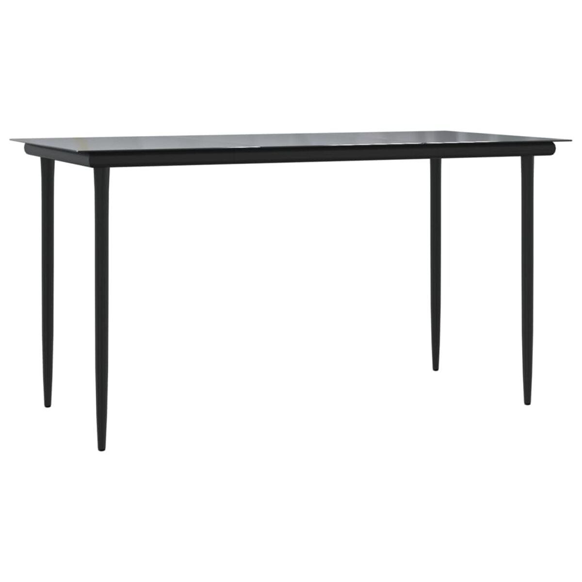 Schwarzer rechteckiger Tisch mit dünnen Beinen, schlichtes Design.