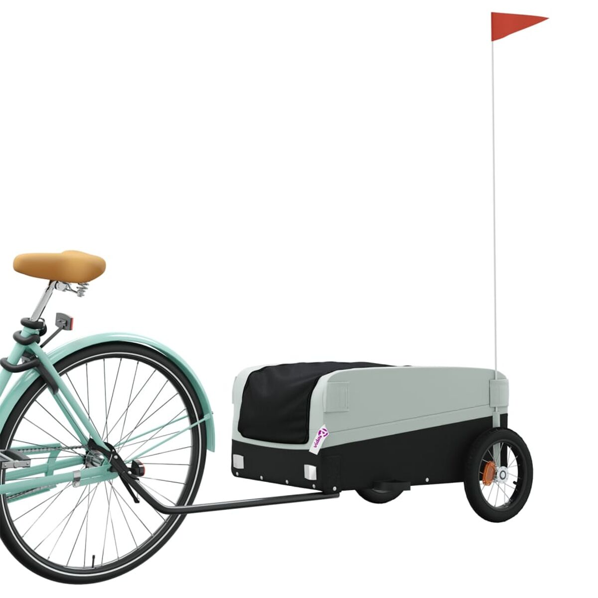 Türkisfarbenes Fahrrad, das einen Haustieranhänger mit roter Fahne zieht. Weißer Hintergrund.