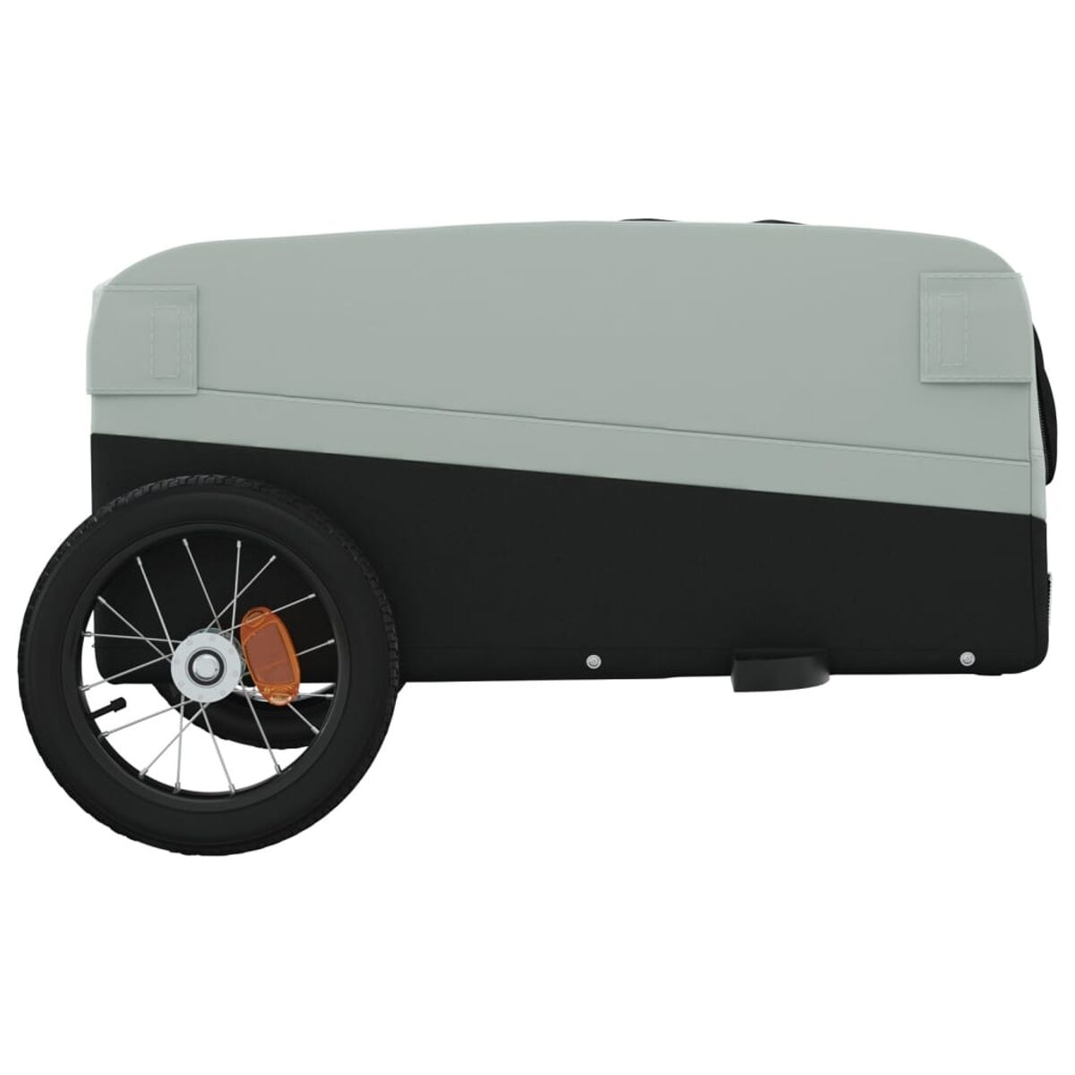 Ein grau-schwarzer Fahrradanhänger mit einem Rad an der Seite, vor weißem Hintergrund.