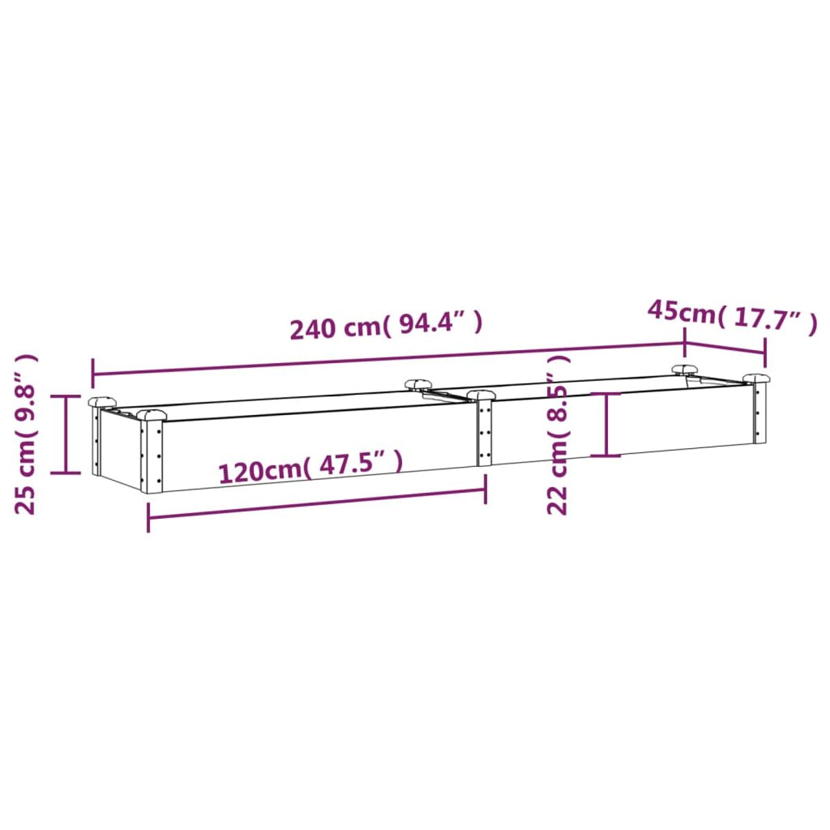 Diagramm einer rechteckigen Basis mit Maßen. Sie ist 240 cm lang, 120 cm breit und 25 cm hoch.