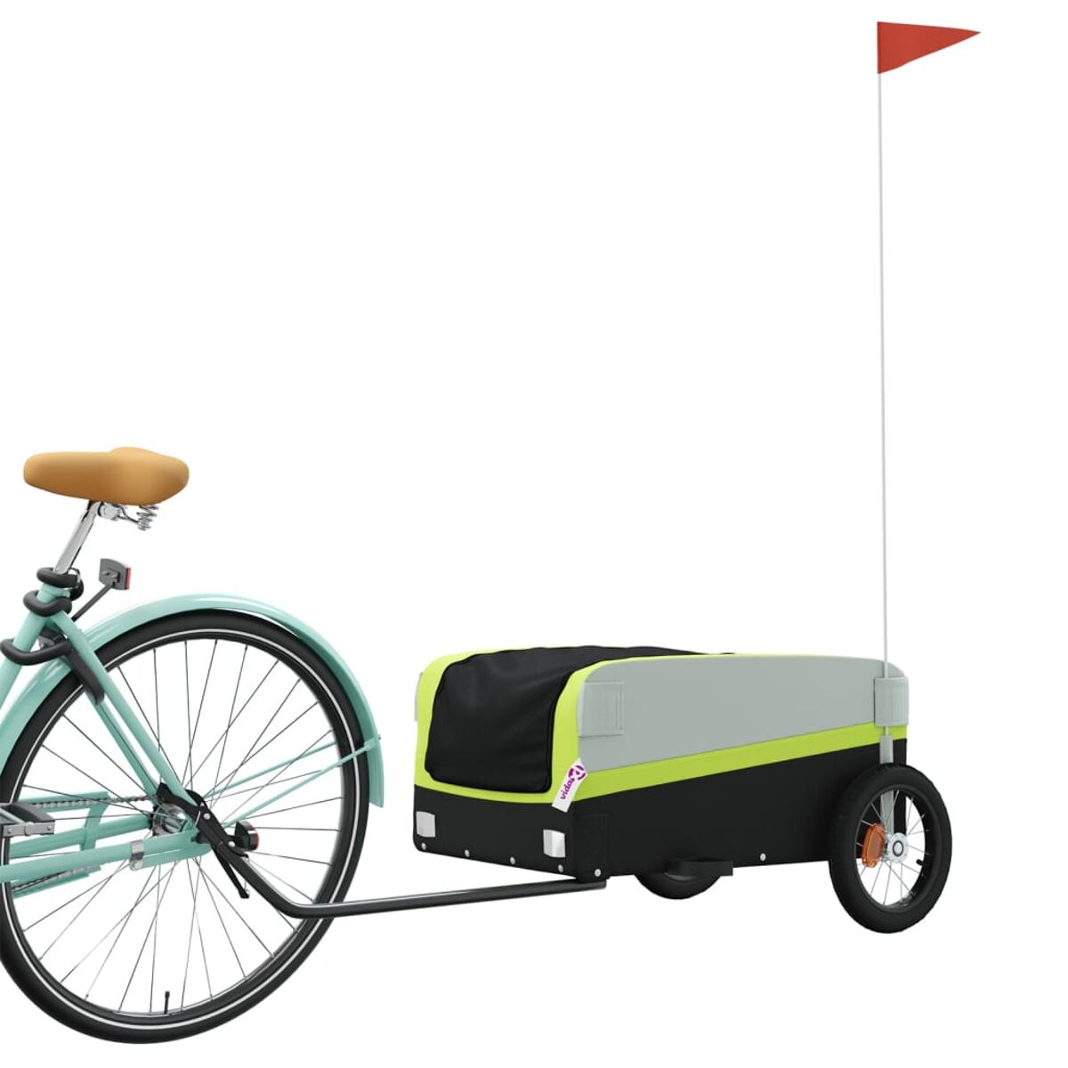 Ein blaues Fahrrad zieht einen Anhänger. Der Anhänger ist grau, schwarz und gelb mit roter Fahne.