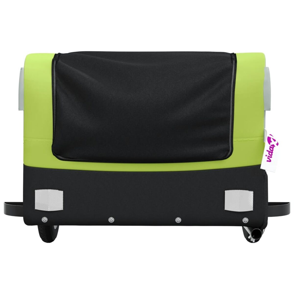 Grüne und schwarze Kinderwagen-Rückansicht. Oben ist eine schwarze Abdeckung. Zwei Räder sind sichtbar.