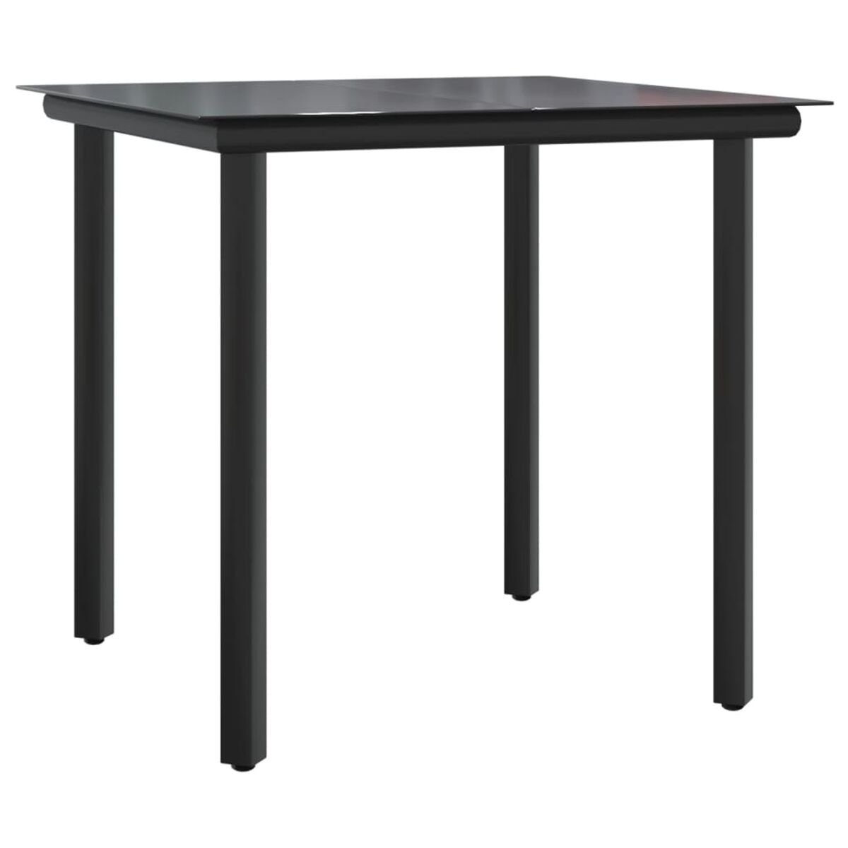 Ein schwarzer quadratischer Tisch mit vier Beinen. Weißer Hintergrund.