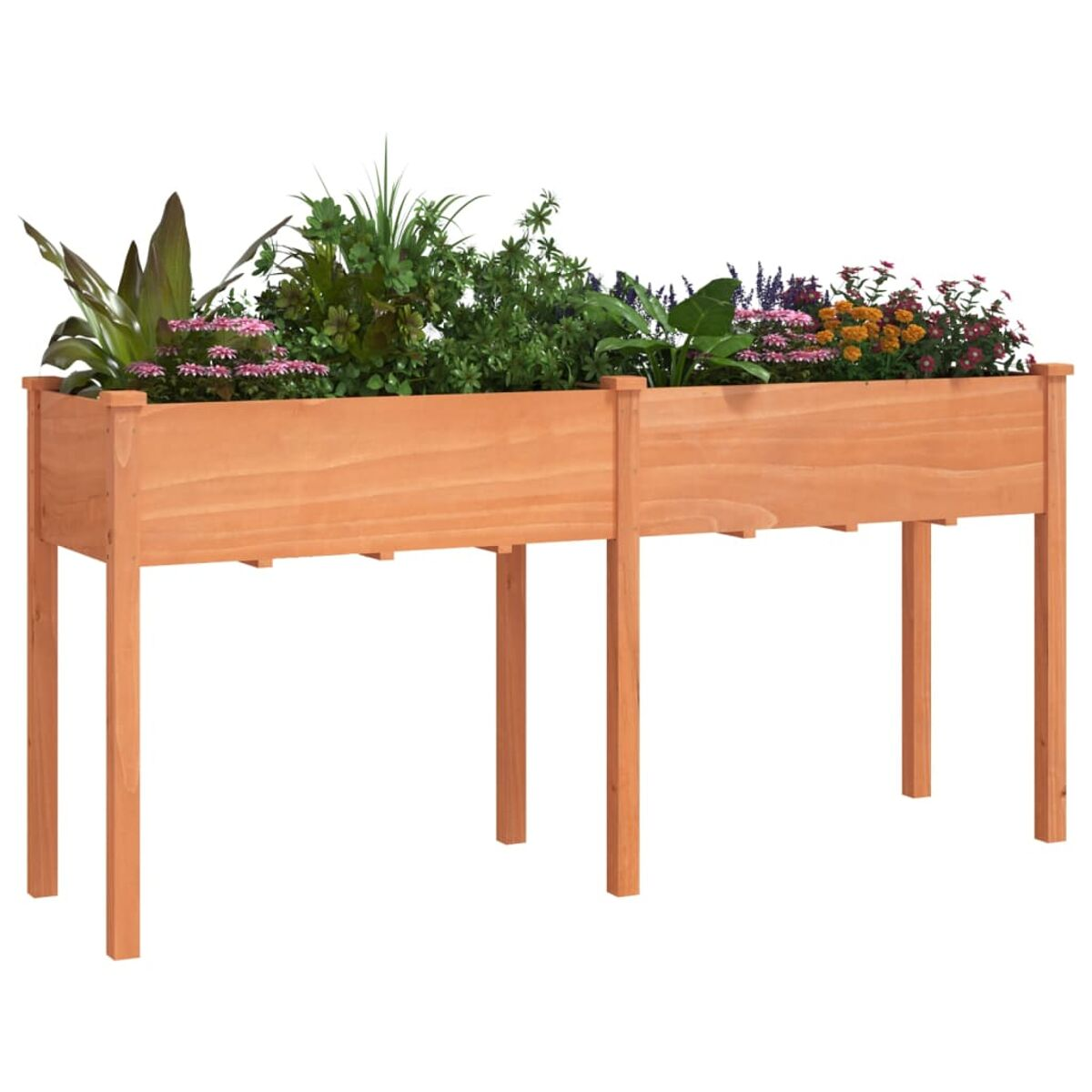 Pflanzkasten aus Holz mit verschiedenen Pflanzen und Blumen. Hellbraune Farbe.