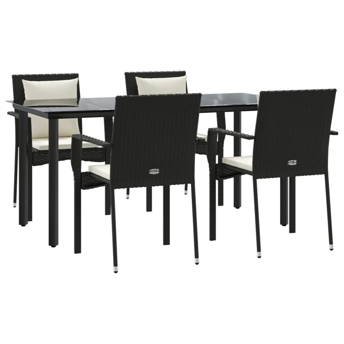 Schwarzer Tisch und Stühle, mit weißen Kissen. Die Stühle sind aus gewebtem Material.