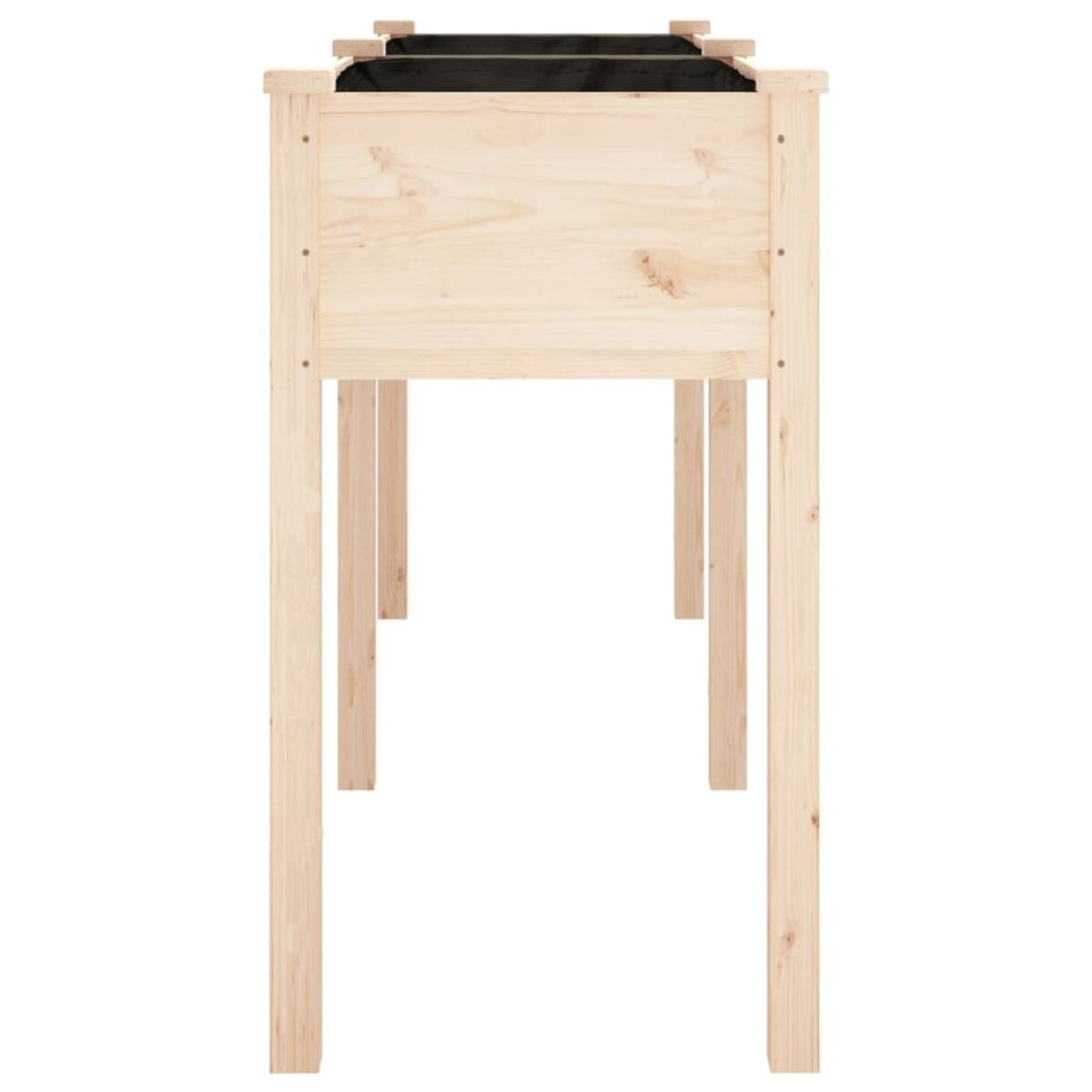 Pflanzkasten aus Holz mit schwarzem Innenraum. Er hat vier Beine und eine offene Oberseite.