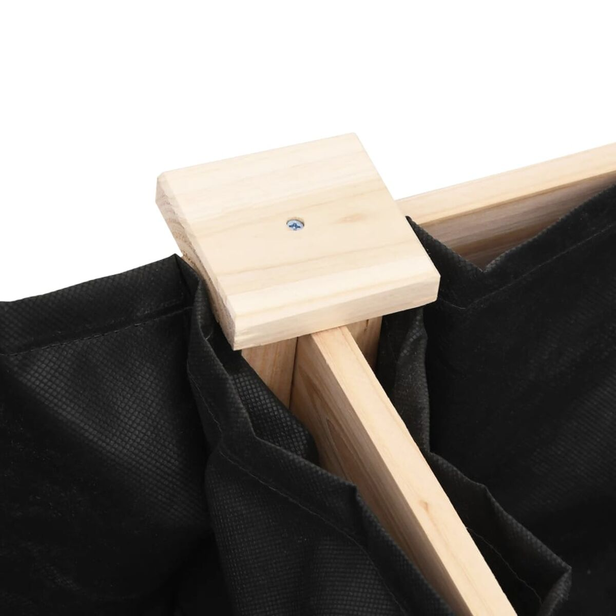 Holzrahmen mit schwarzen Stofftaschen. Der Holzrahmen hat eine Schraube.