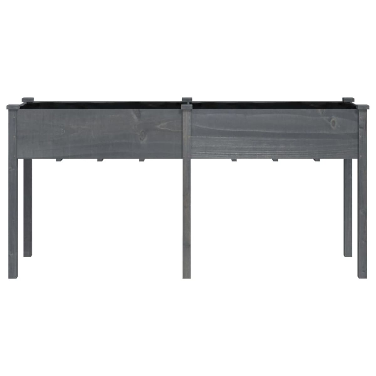 Zwei lange Holzpflanzkästen, grau gefärbt, mit weißem Hintergrund. Sie sind leer.