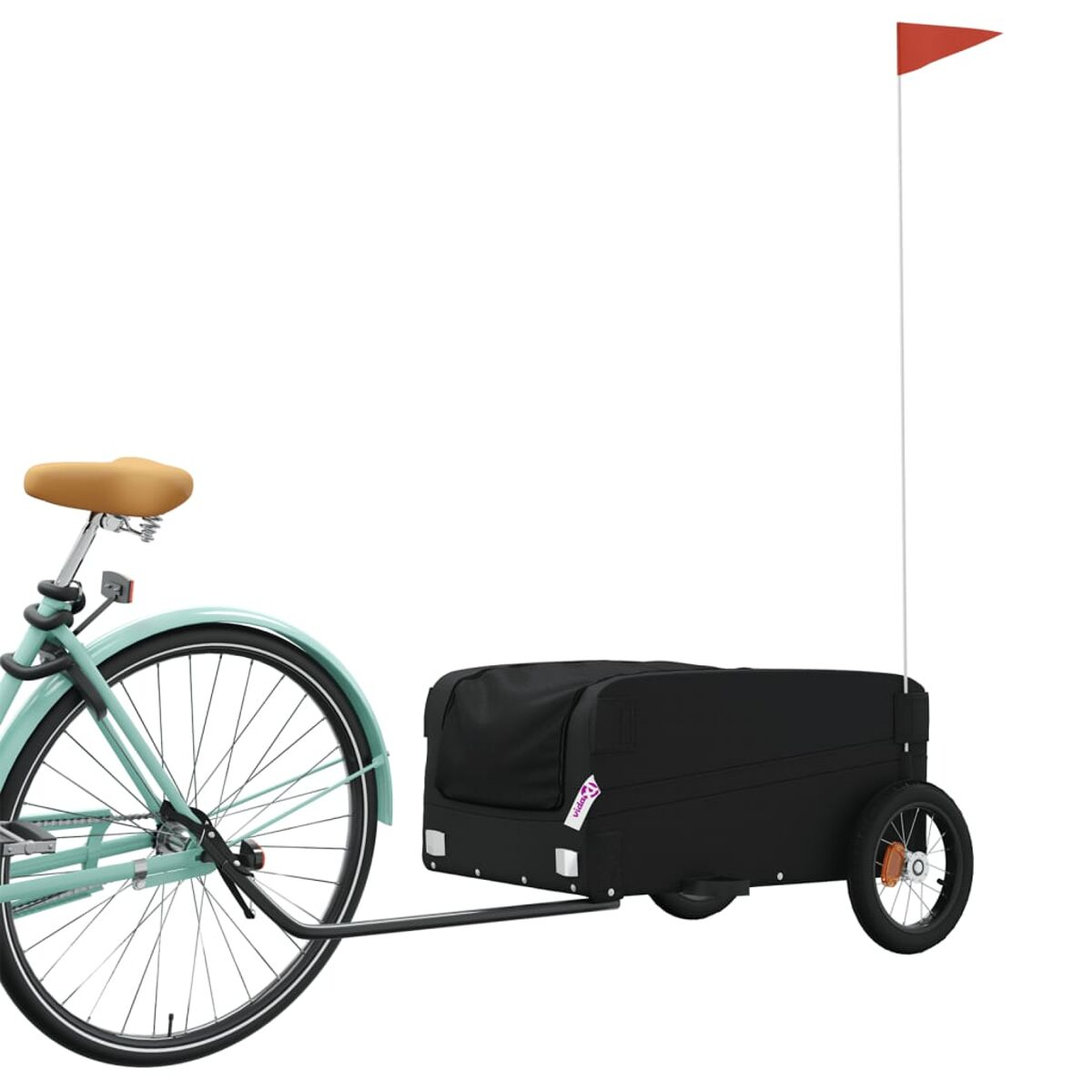 Ein Fahrrad zieht einen schwarzen Anhänger mit einer Flagge. Das Fahrrad ist türkis, und der Anhänger ist rechteckig.