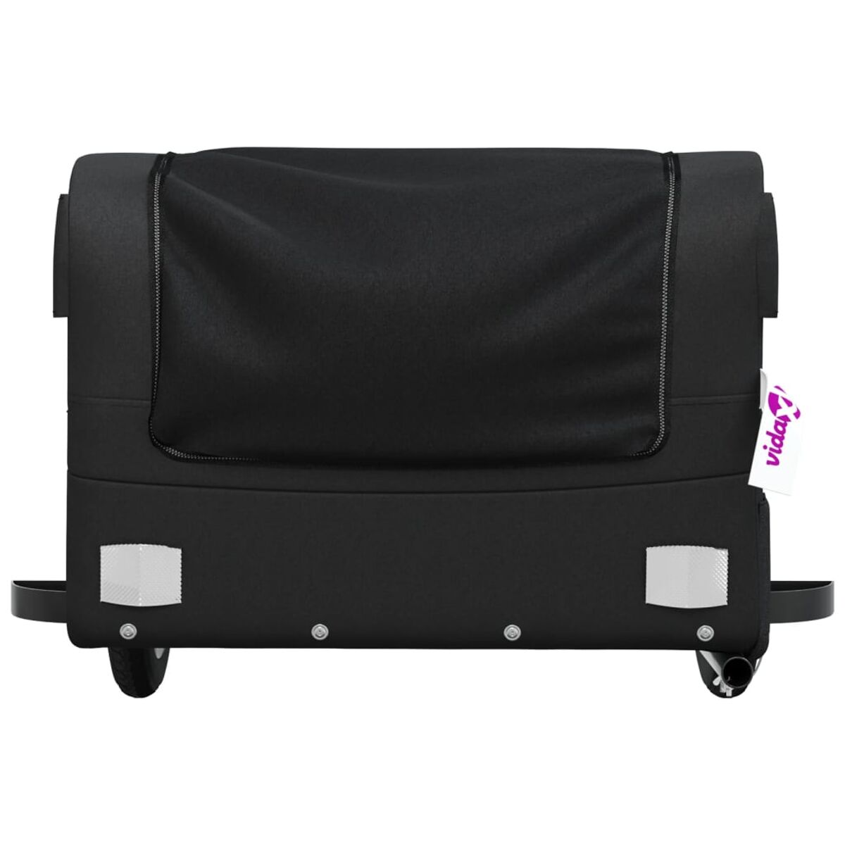 Eine schwarze Tier-Transportbox mit Rädern. Sie hat eine Reißverschlusstasche und ein weißes Etikett.