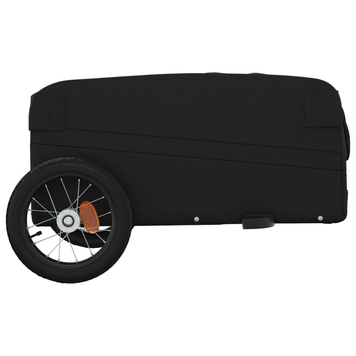 Schwarzer Fahrradanhänger mit einem Rad. Weißer Hintergrund.
