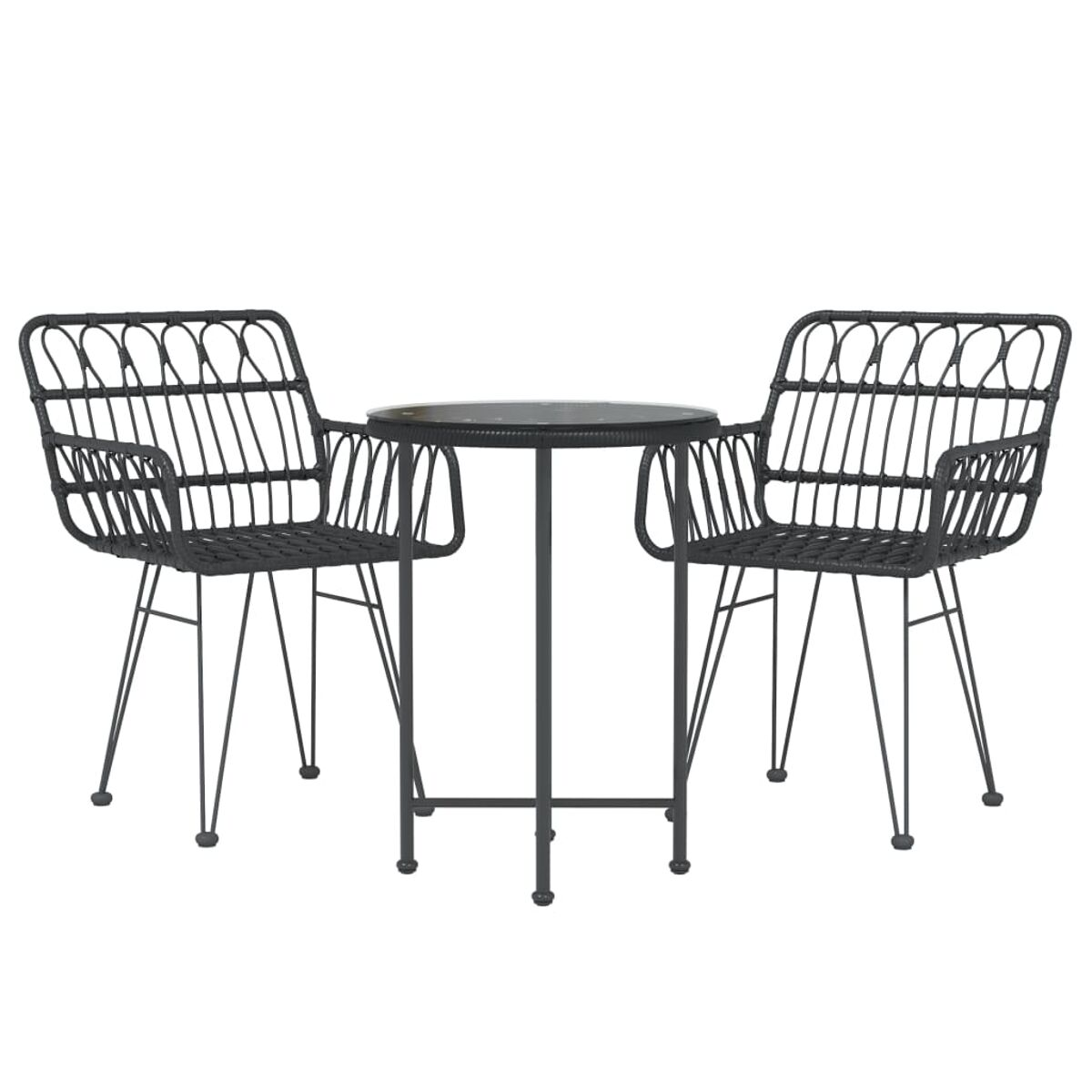 Schwarzes Metall-Bistro-Set für den Außenbereich. Enthält einen runden Tisch und zwei Stühle. Weißer Hintergrund.