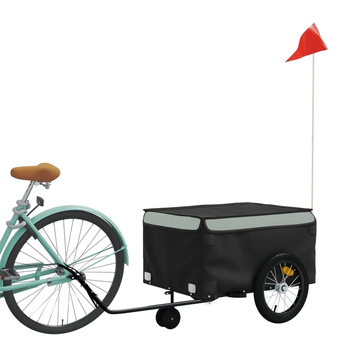 Fahrrad mit schwarzem Anhänger. Rote Fahne. Schwarze und graue Anhängerbox. Seitenansicht.
