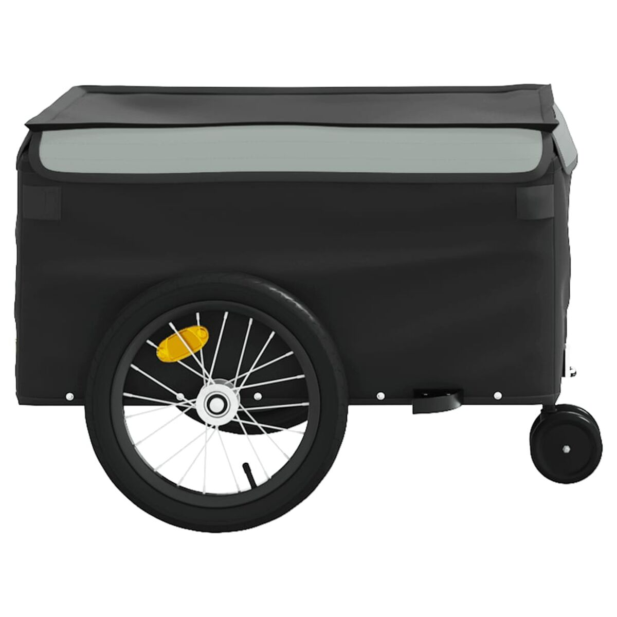 Schwarzer Cargo-Anhänger mit schwarzem Verdeck und Rad. Gelber Reflektor am Rad.