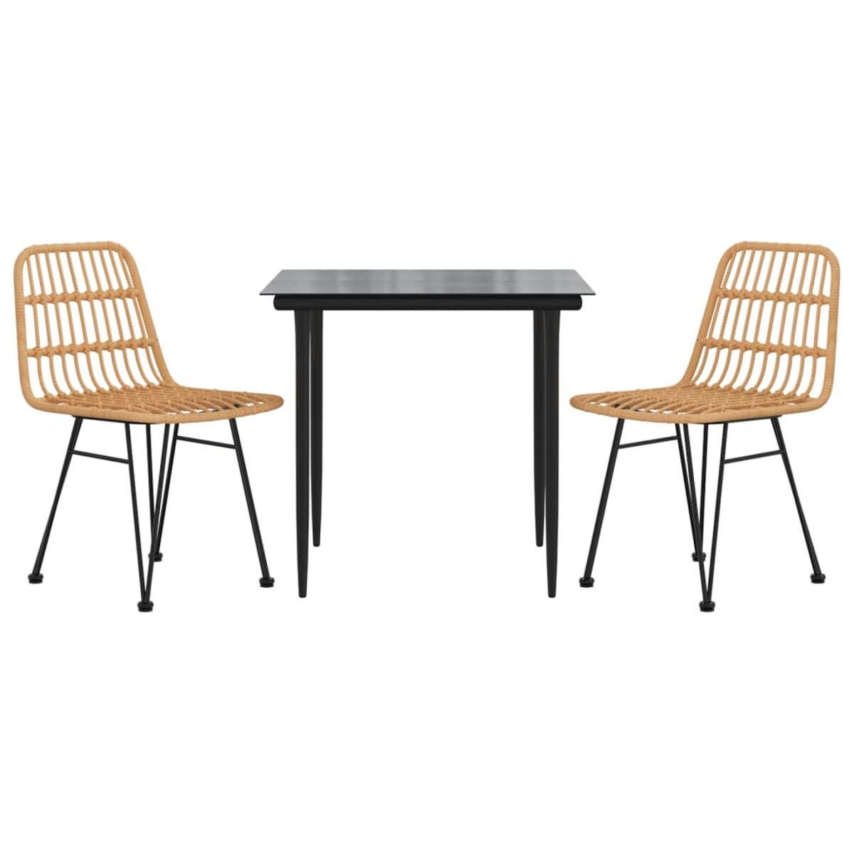 Ein kleiner Tisch und zwei Stühle. Der Tisch ist schwarz mit beigen Stühlen.