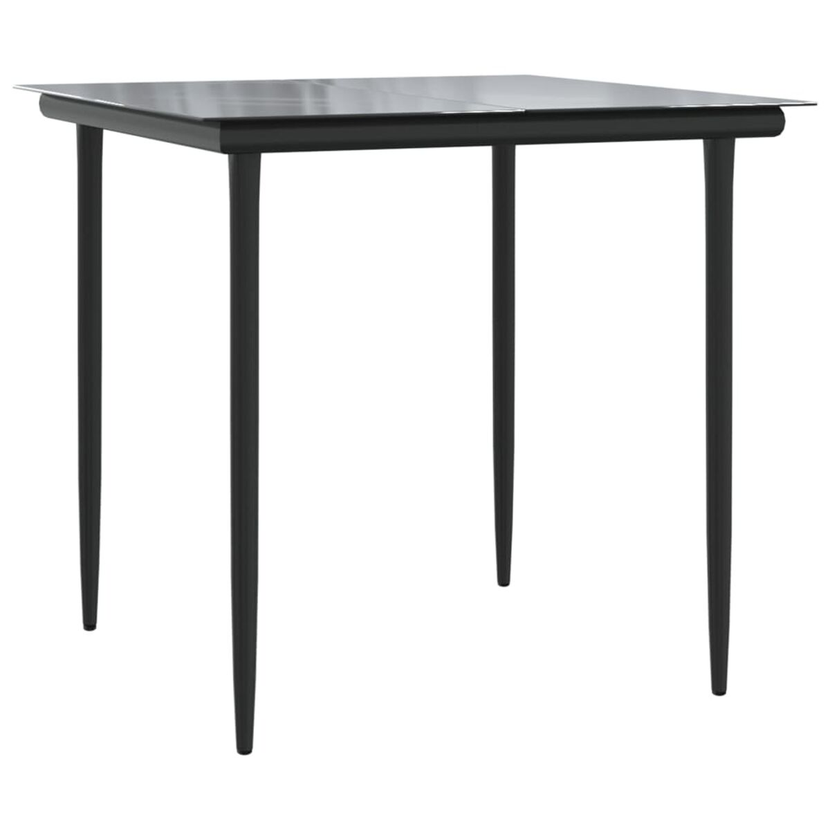 Schwarzer quadratischer Tisch mit dünnen schwarzen Beinen. Weißer Hintergrund.