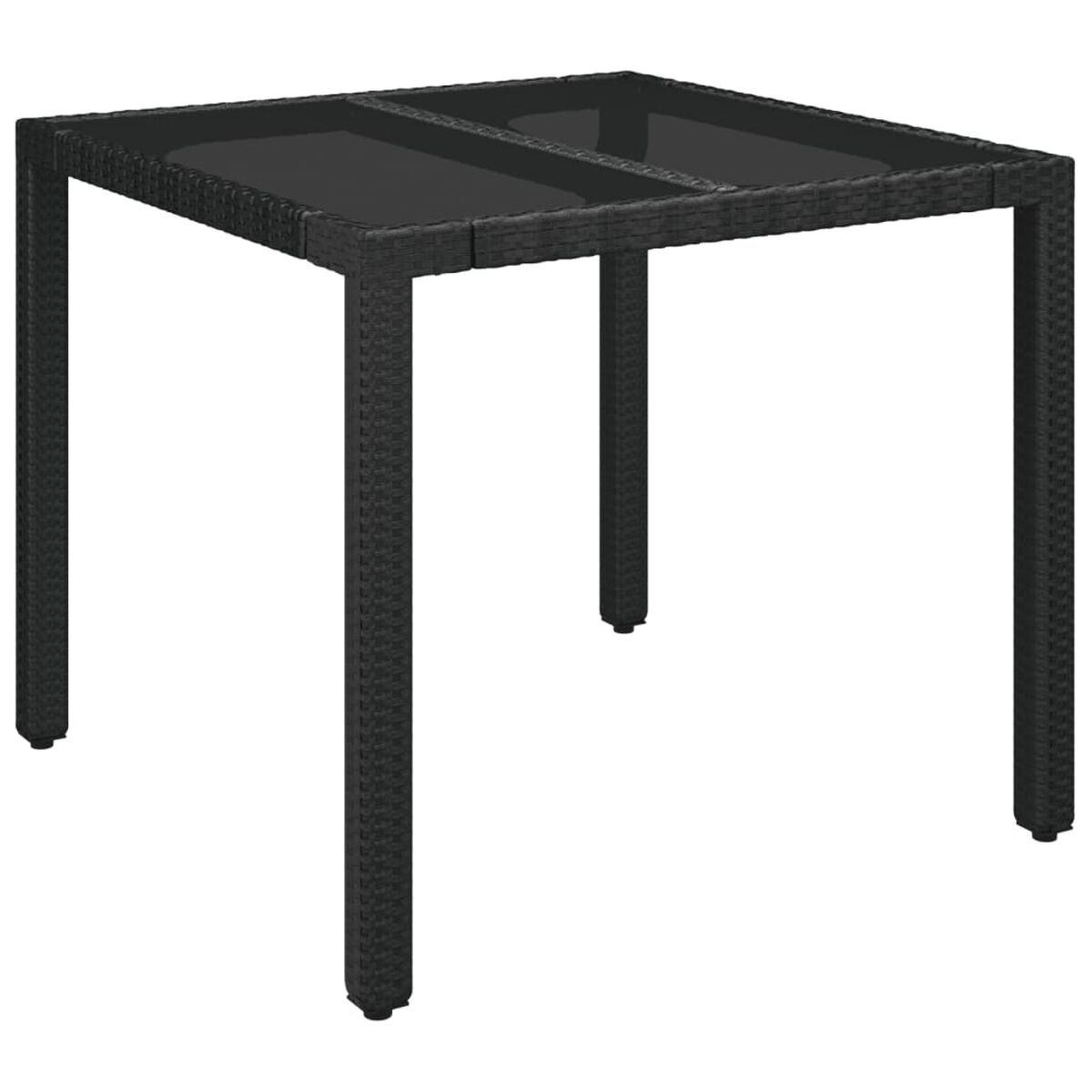 Ein schwarzer quadratischer Outdoor-Tisch. Er besteht aus gewebtem Material. Er steht auf weißem Hintergrund.