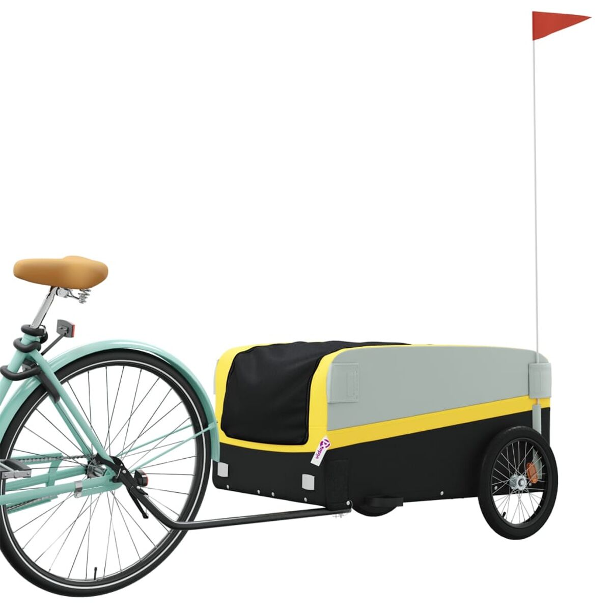 Ein Fahrrad zieht einen Tieranhänger. Der Anhänger ist schwarz, gelb und grau.
