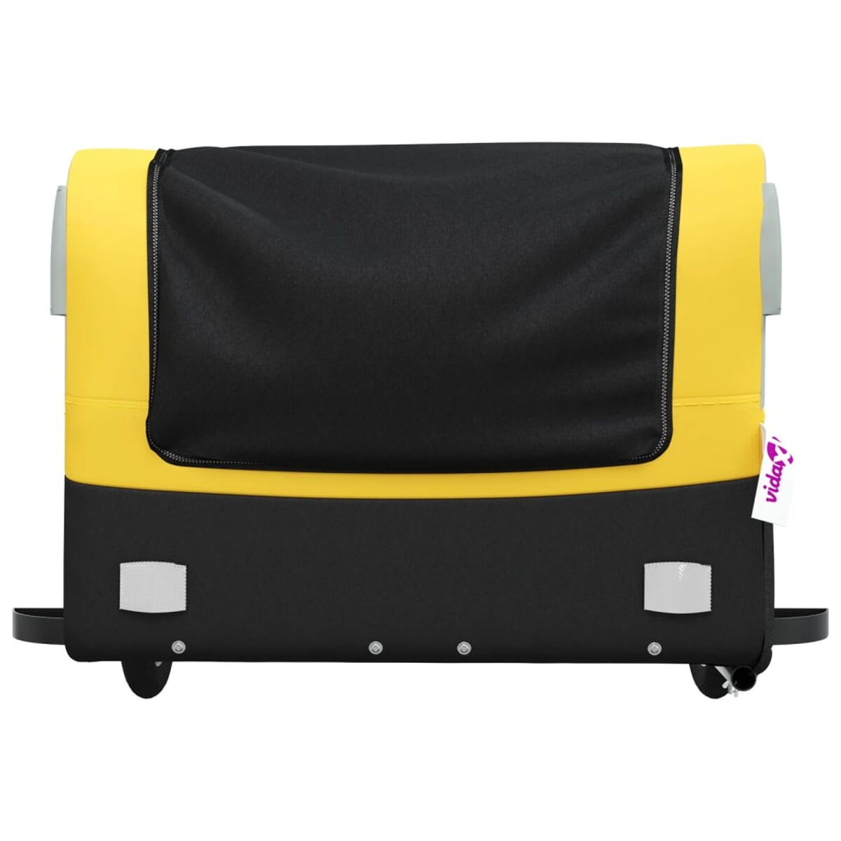 Gelb-schwarzer Kinderwagen mit Rädern. Hat ein schwarzes Verdeck und Stauraum.