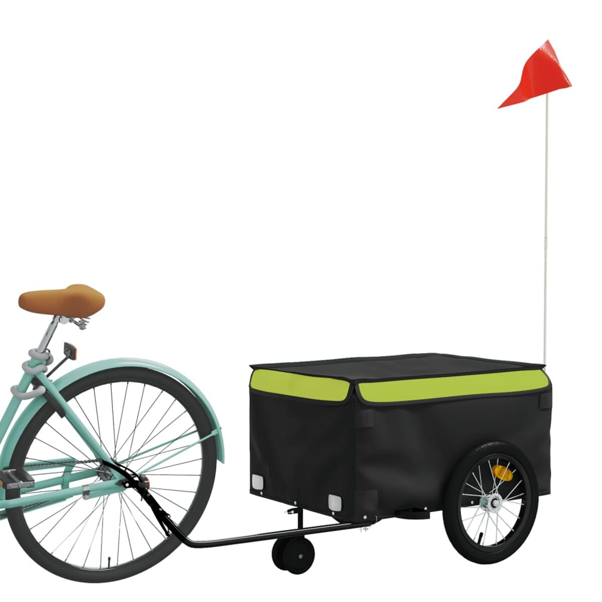Ein Fahrrad, das einen schwarzen Cargo-Anhänger mit grünem Akzent und roter Flagge zieht. Weißer Hintergrund.