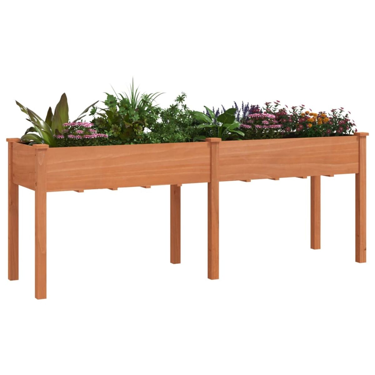 Holzkasten mit Blumen und Grünzeug gefüllt.