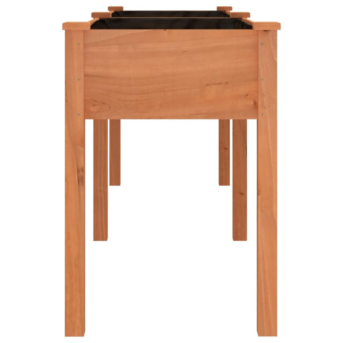 Pflanzkasten aus Holz, orange gebeizt, mit Beinen. Schwarzer Innenraum, leer.