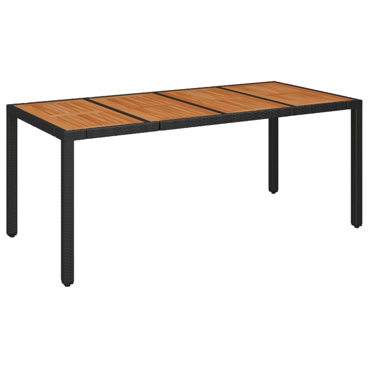 Rechteckiger Holztisch mit schwarzem Rahmen. Natürliche Holzlatten.