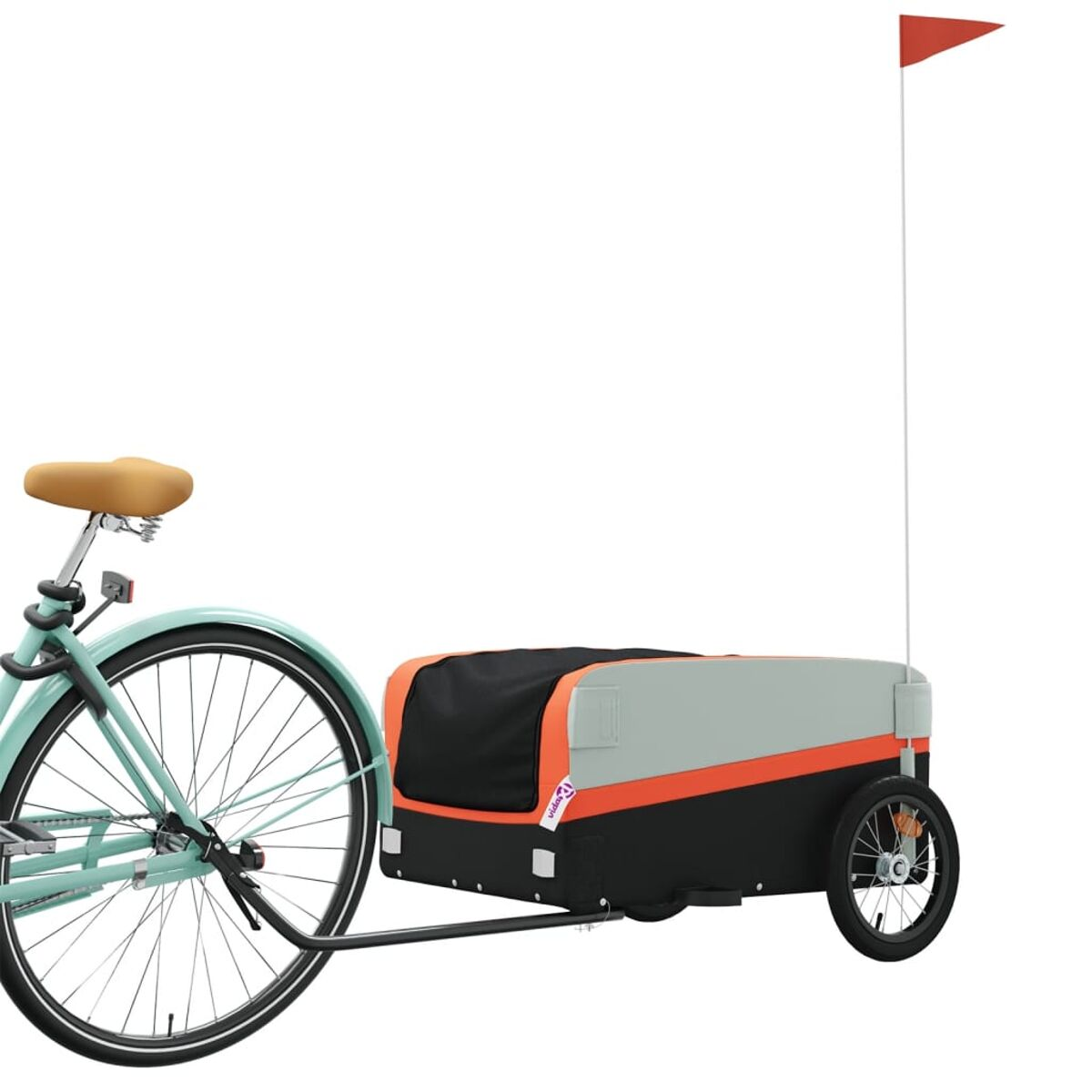 Ein Fahrrad zieht einen Anhänger. Der Anhänger ist schwarz, grau und orange.