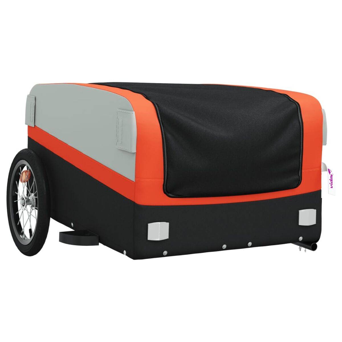 Hundeanhänger, orange, schwarz und grau, mit einem Rad. Weißer Hintergrund.