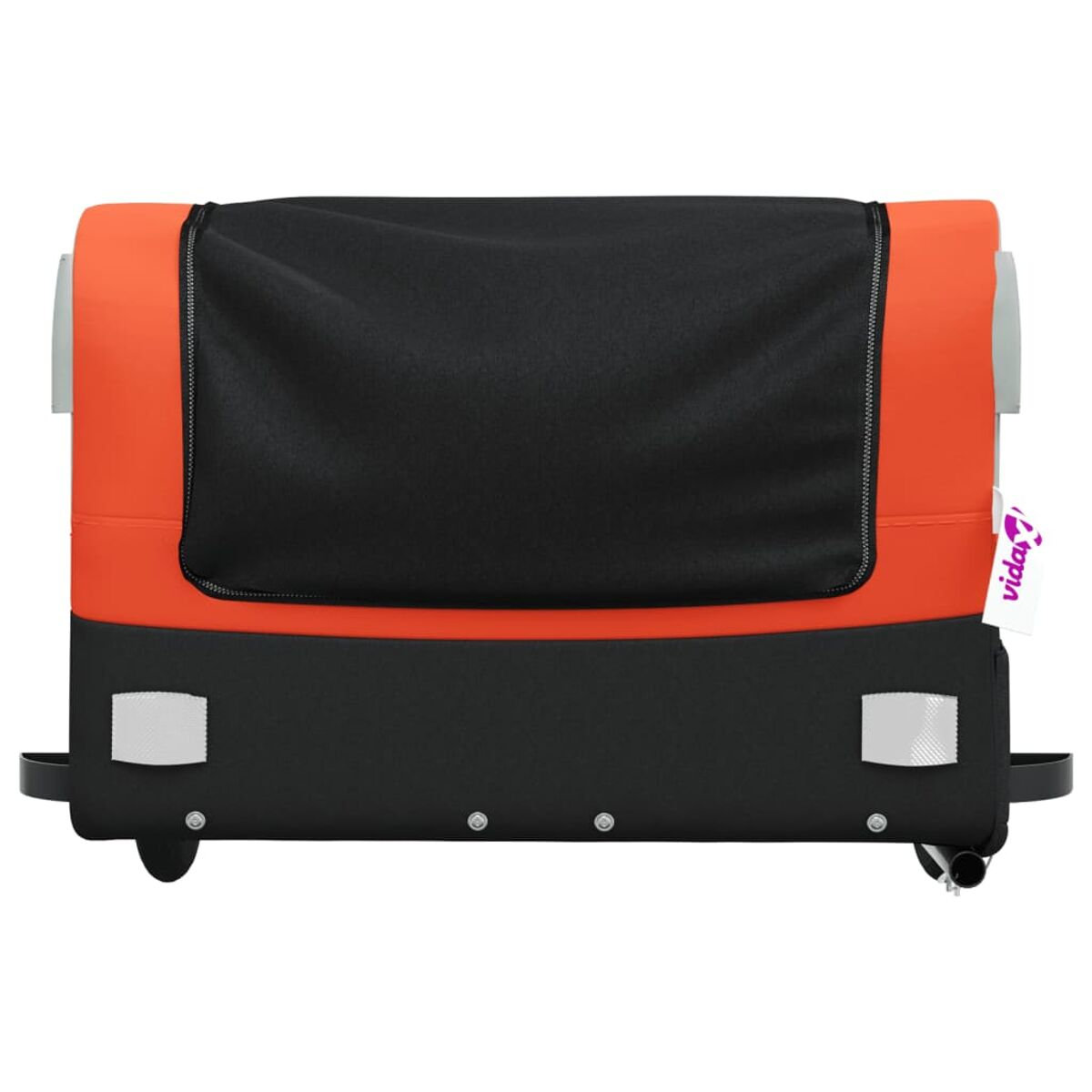 Ein Kinderfahrradanhänger, orange und schwarz, mit einem schwarzen Netzfenster.