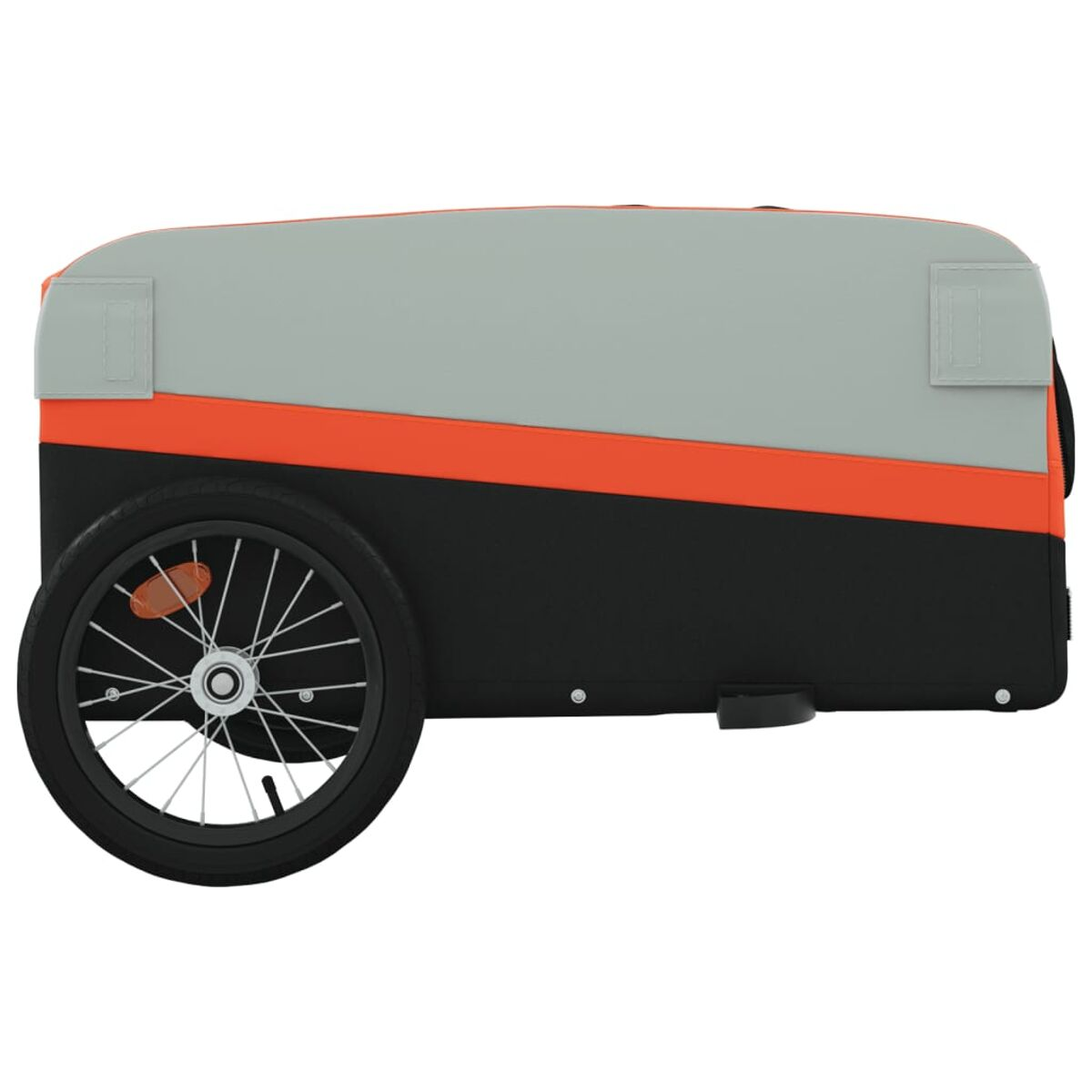 Ein Fahrradanhänger mit grauen und orangen Paneelen, schwarzen Rädern und einer Anhängerkupplung.