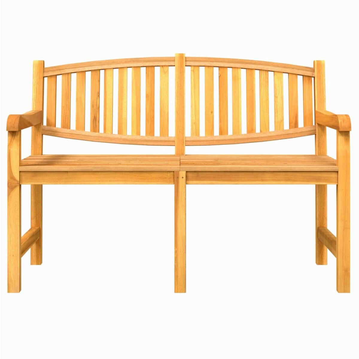 Holzbank mit geschwungener Rückenlehne und Lattenrost.