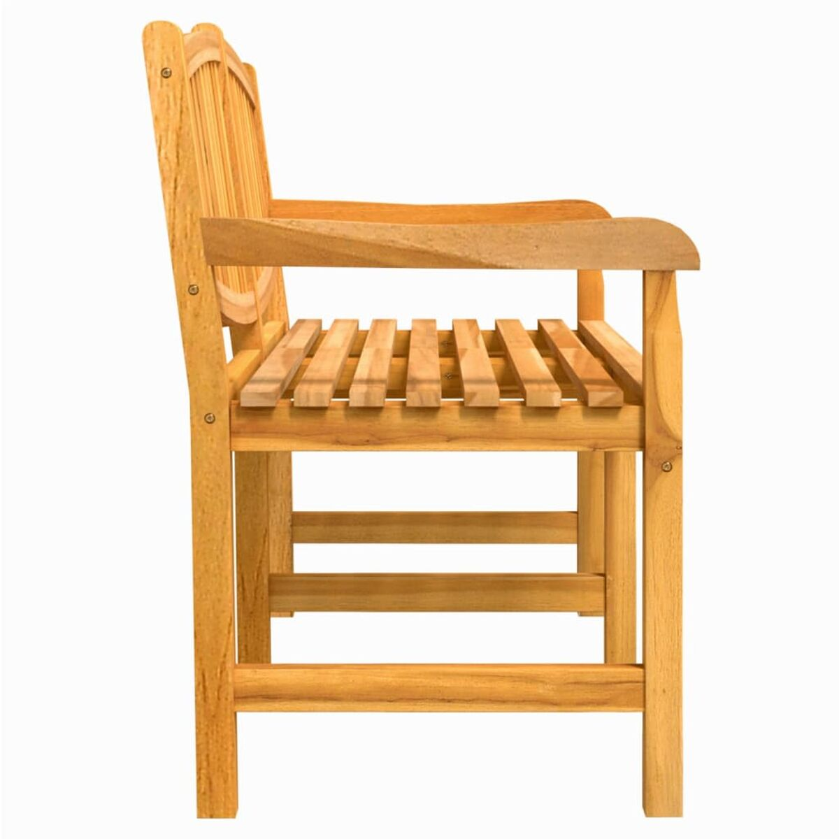 Seitenansicht einer Holzbank mit Latten und Armlehnen. Zeigt Seitenprofil und Konstruktion.