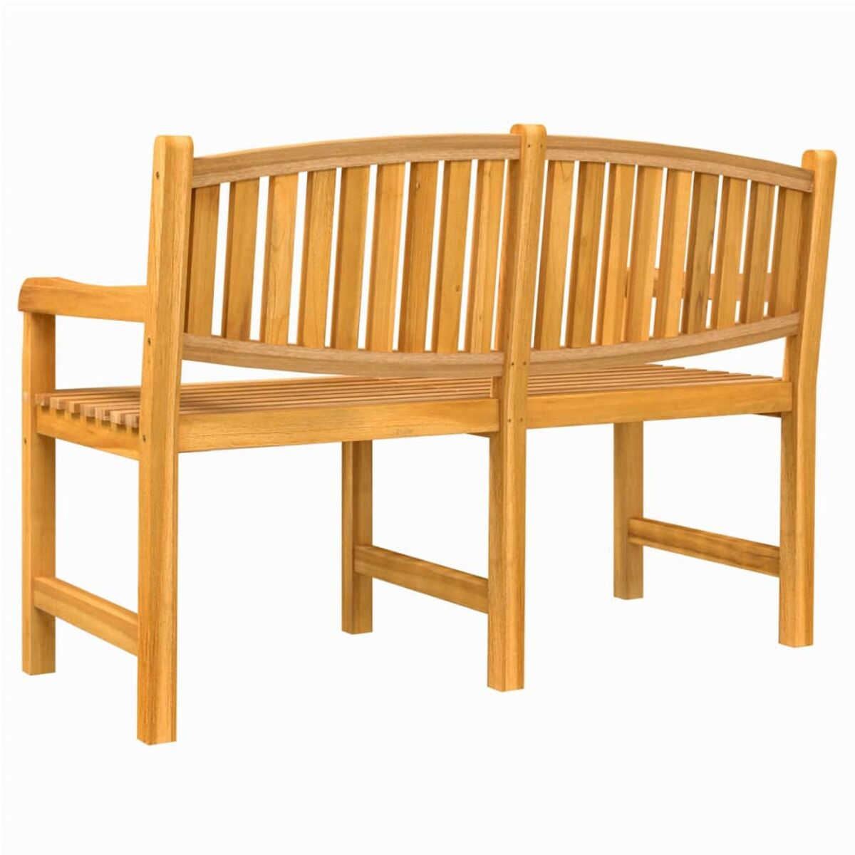 Holzbank mit Lattenlehne und -sitzfläche. Sie hat ein geschwungenes Rückendesign und einen schlichten Rahmen.