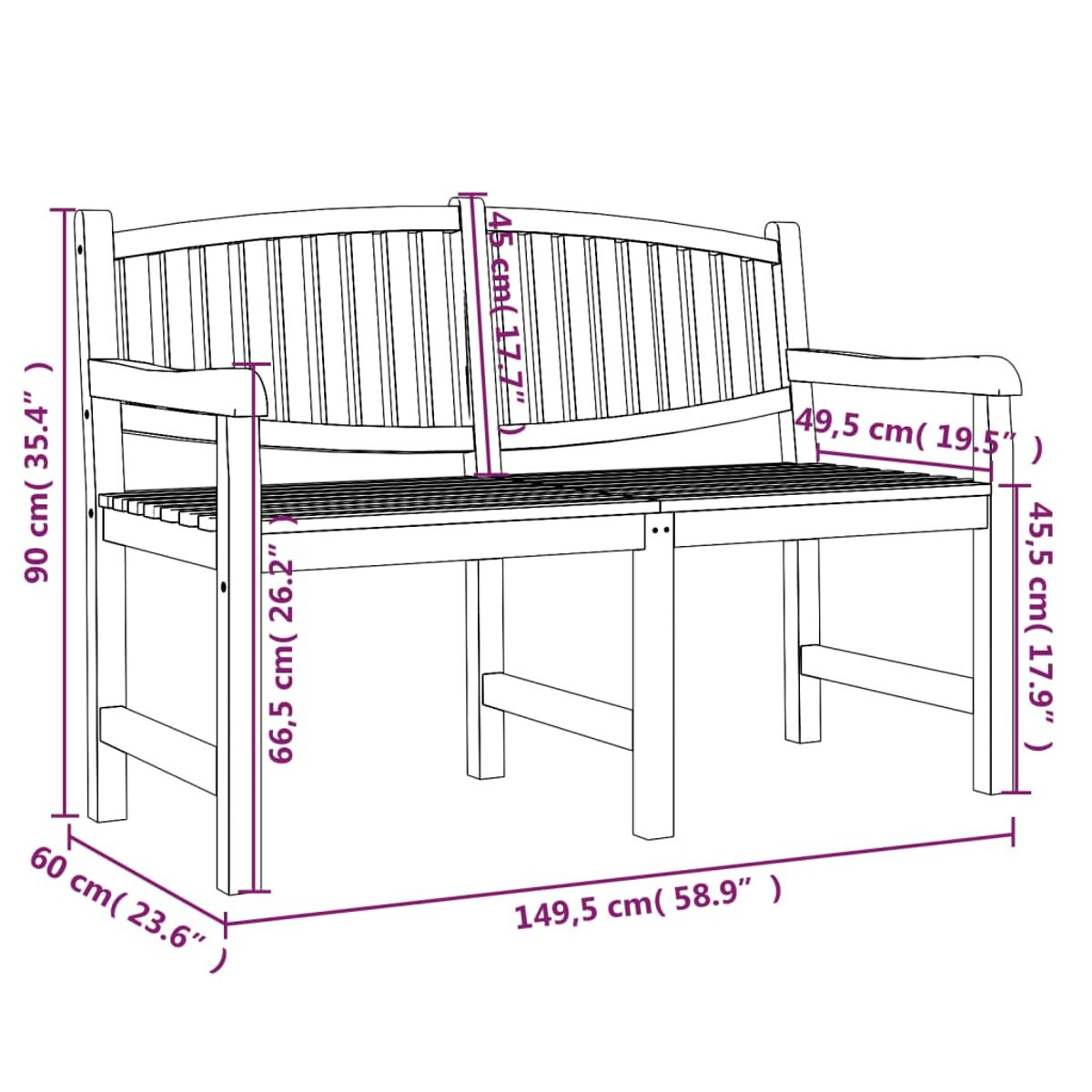 Diagramm einer Holzbank mit Maßen in cm und Zoll.
