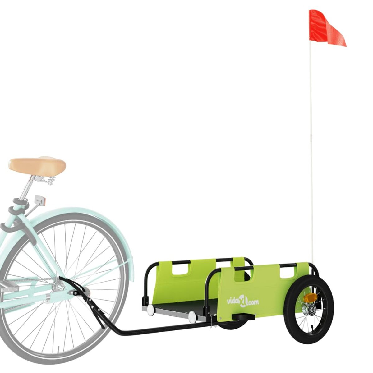 Ein grüner Fahrradanhänger mit einer roten Flagge am Fahrrad.